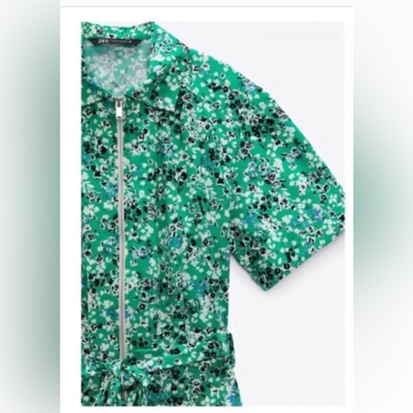 Zara green‎ floral short sleeve zip up jumpsuit size medium brand new - Picture 5 of 6